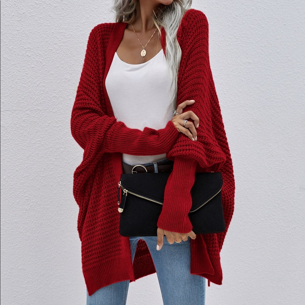 Bat Sleeves Loose Fit Cardigan Wine